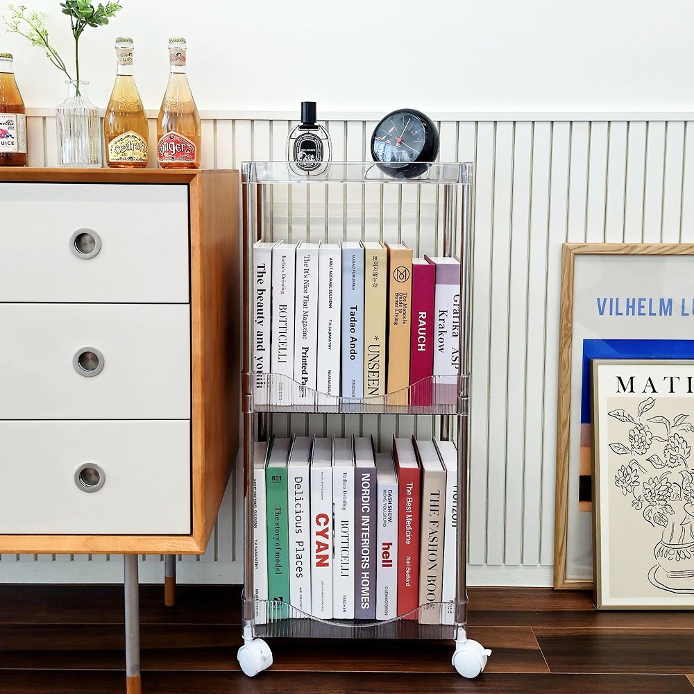 일상드로우 틈새 미니 책장 이동식 낮은 책장 슬림 수납 조립식 338x222x762mm, 2단, 투명 상세 이미지 1