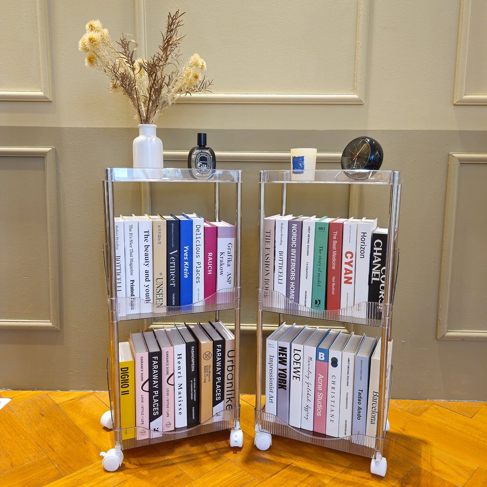 일상드로우 틈새 미니 책장 이동식 낮은 책장 슬림 수납 조립식 338x222x762mm, 2단, 투명 상세 이미지 2