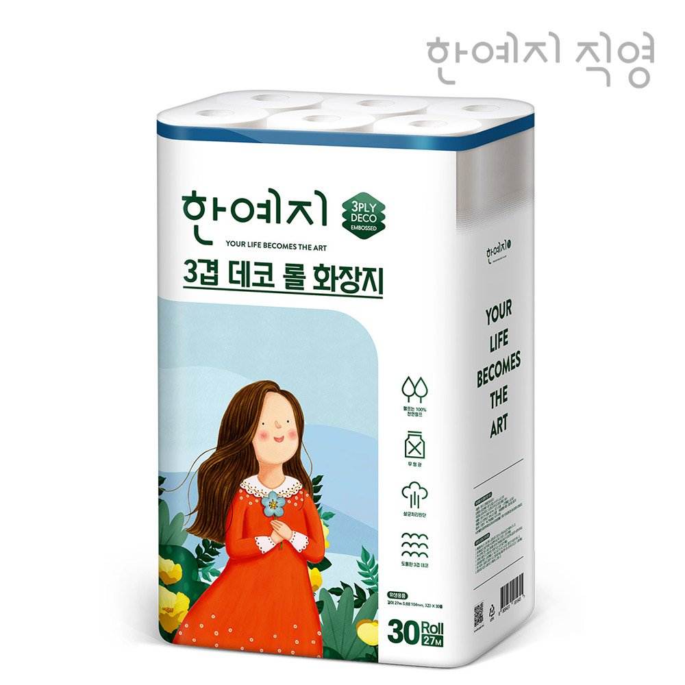 한예지 천연펄프 3겹데코 화장지 27m, 30롤, 1팩 상세 이미지 1
