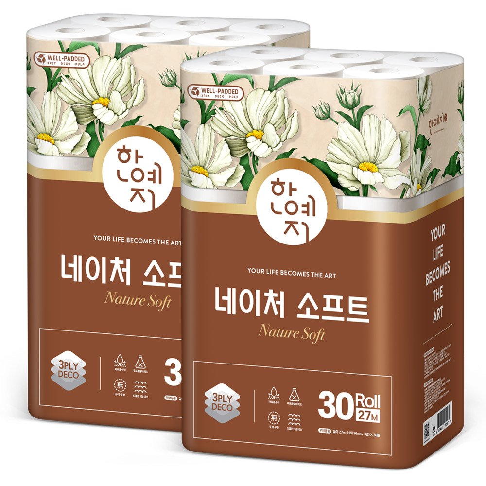 한예지 네이처 소프트 3겹 두루마리 화장지 27m, 30롤, 2팩 상세 이미지 1